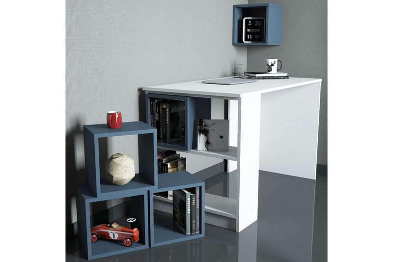 Hovdane Skrivebord 120 med Opbevaring Hylde + Væghylde - Hvid/Blå - Møbler - Borde - Kontorbord - Skrivebord