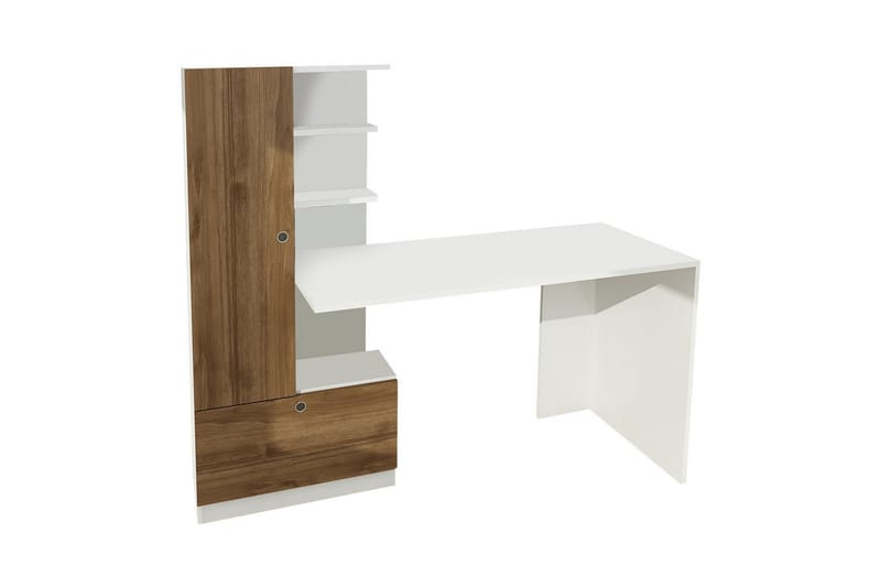 Merinoz Skrivebord 120 cm med Opbevaring Hylder + Skuffe + S - Hvid/Valnøddebrun - Møbler - Borde - Kontorbord - Skrivebord