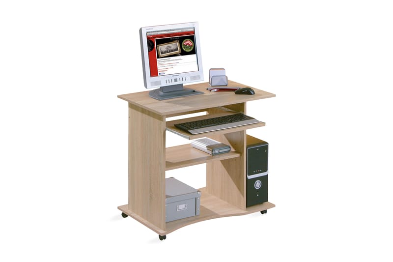 Palatia Computerbord 80 cm med Opbevaring Hylder på Hjul - Lyse Egefarvet - Møbler - Borde - Kontorbord - Skrivebord