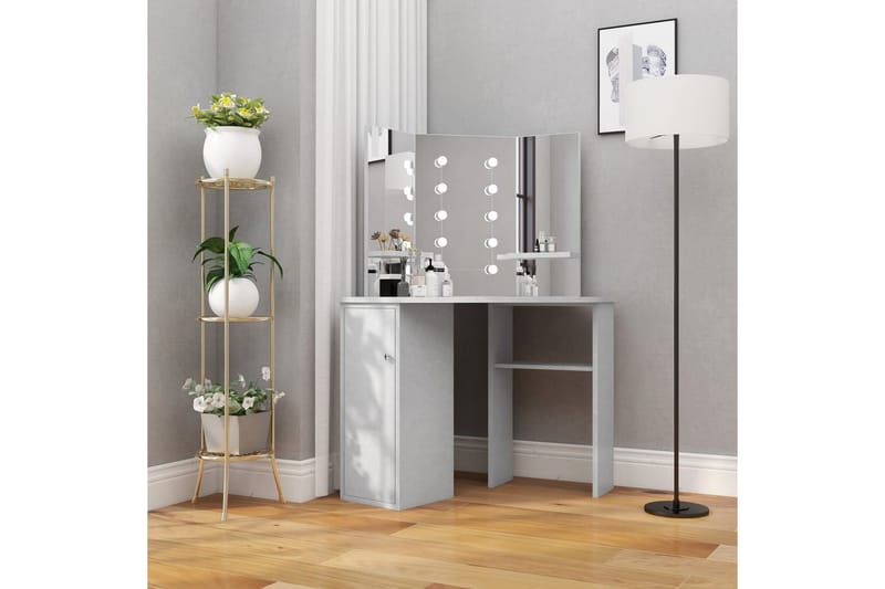 kosmetikbord til hjørne med LED-lys 111x54x141,5 cm betongrå - Møbler - Borde - Sminkebord & konsolbord - Makeup bord med lamper