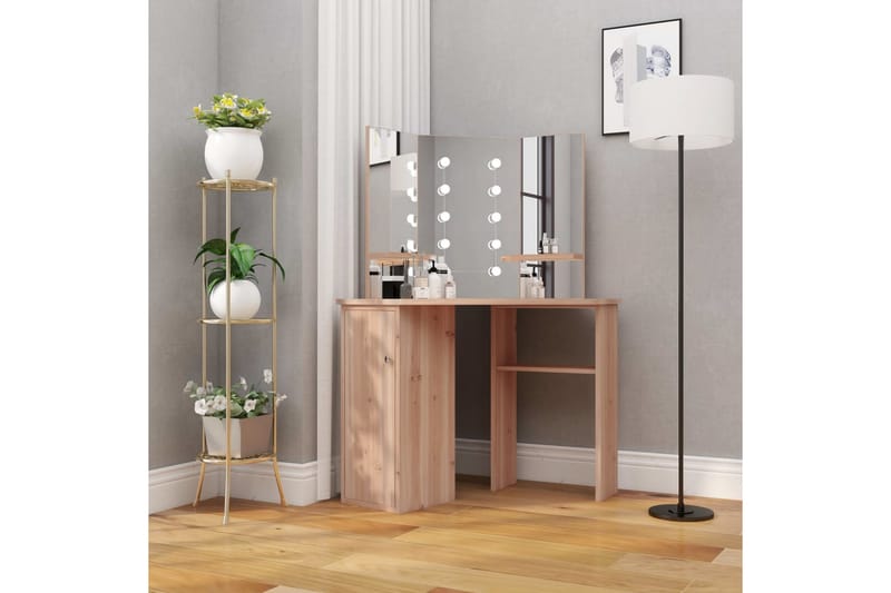 kosmetikbord til hjørne med LED-lys 111x54x141,5 cm eg - Møbler - Borde - Sminkebord & konsolbord - Makeup bord med lamper