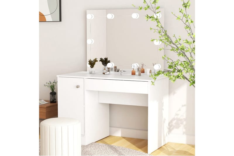 makeupbord med LED-lys 110x55x145 cm MDF hvid - Hvid - Møbler - Borde - Sminkebord & konsolbord