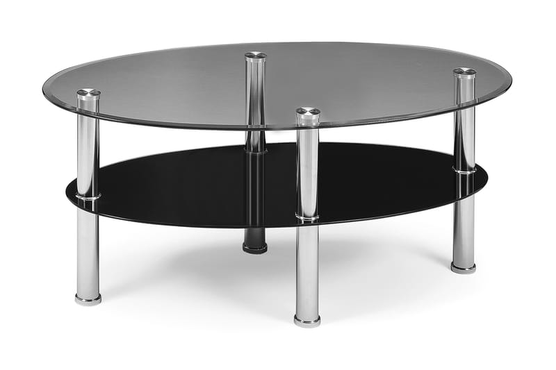 Orna Sofabord 110 cm Ovalt med Opbevaring Hylde - Glas/Sort/Lysegrå - Møbler - Borde - Sofabord - Sofabord med opbevaring