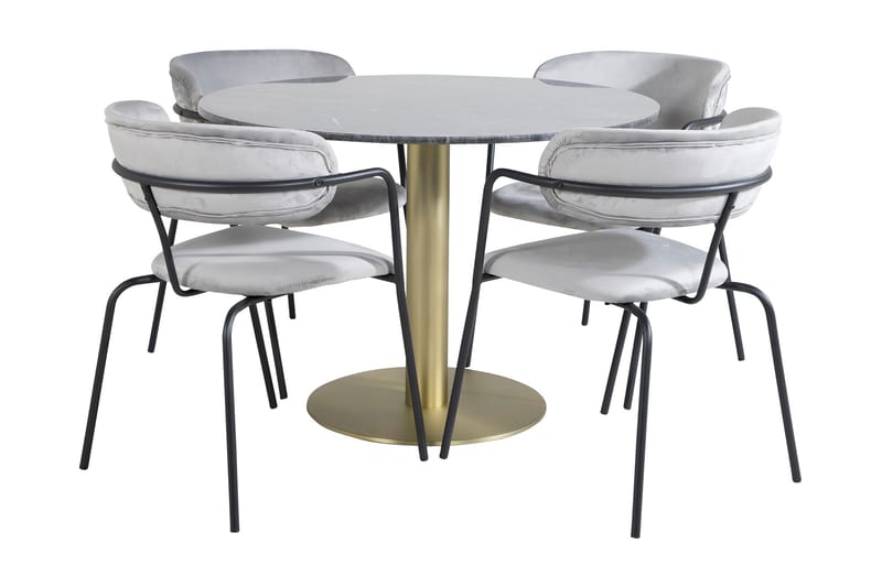 Admira Spisebordssæt 106 cm Rund inkl 4 Arcarazo Lænestole - Marmor/Sort/Messing/Grå - Møbler - Borde - Spisebordssæt
