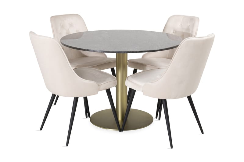 Admira Spisebordssæt 106 cm Rund marmor med 4 Valera Luksus - Grå / messing - Møbler - Borde - Spisebordssæt