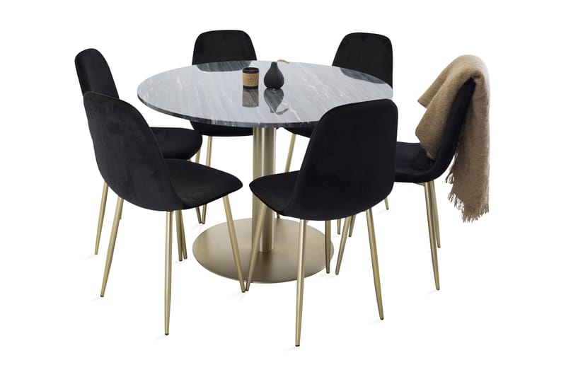 Admira Spisebordssæt 106 cm Rund marmor med 6 Pontus Køkken - Velour grå / messing - Have - Udendørsbad - Spabade - Udendørs Spa