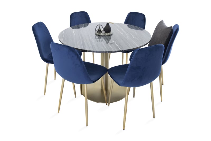 Admira Spisebordssæt 106 cm Rund marmor med 6 Valeri Køkkens - Velour grå / messing - Møbler - Borde - Spisebordssæt