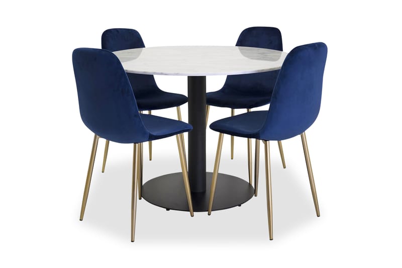 Admira Spisebordssæt Rund Marmor med 4 Pontus Stol Velour - Hvid/Sort/Blå/Messing - Møbler - Borde - Spisebordssæt