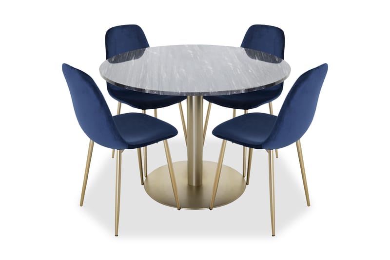Admira Spisebordssæt Rund Marmor med 4 Pontus Stol Velour - Sort/Messing/Blå - Møbler - Borde - Spisebordssæt
