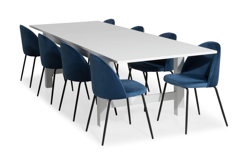 Altea Spisebordssæt (Kan forlænges)t med 8 Felipe  Velour - Hvid/Mørkeblå/Sorte Ben - Møbler - Borde - Spisebordssæt