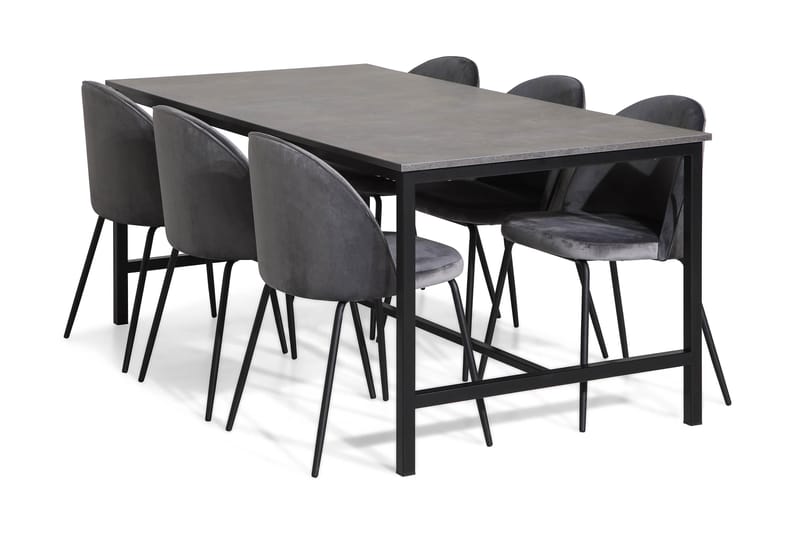 Benita Spisebordssæt 180 med 6 Felipe Stol Velour - Beton/Grå/Sorte Ben - Møbler - Borde - Spisebordssæt