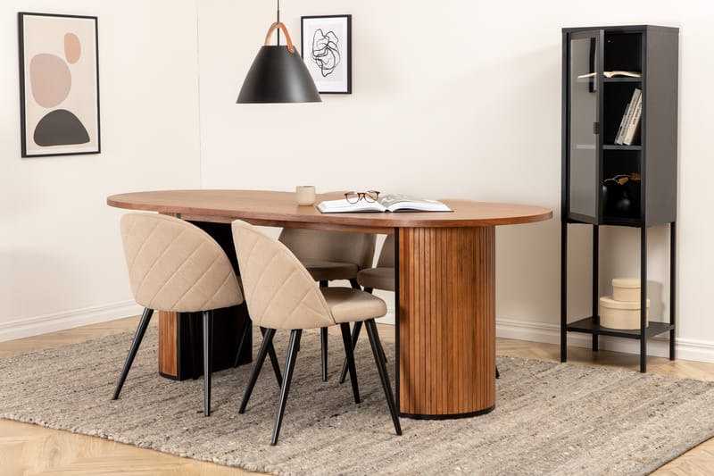 Biana Spisebordssæt 200 cm Oval inkl 4 Velvets Stole - Valnødsbrun/Beige/Sort - Møbler - Borde - Spisebordssæt