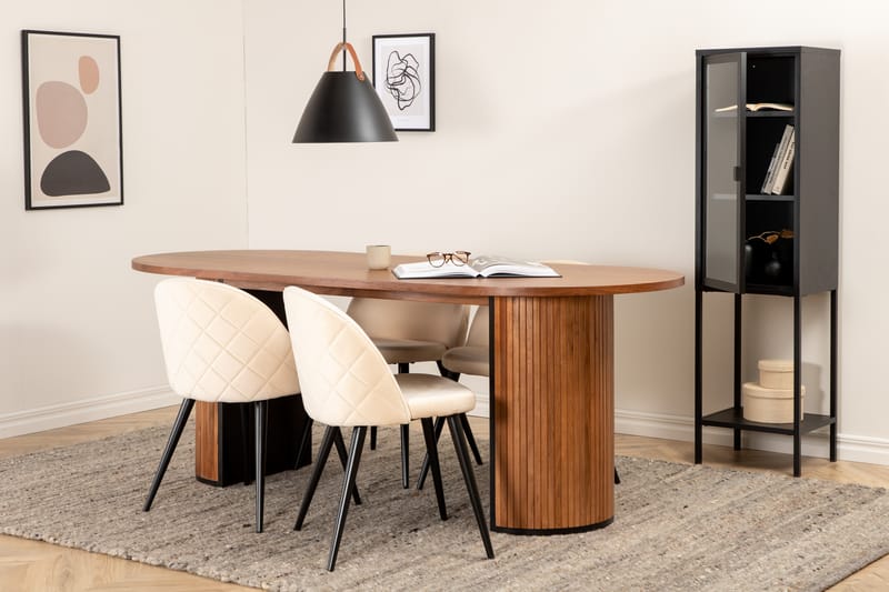 Biana Spisebordssæt 200 cm Oval inkl 4 Velvets Stole - Valnødsbrun/Sort - Møbler - Borde - Spisebordssæt