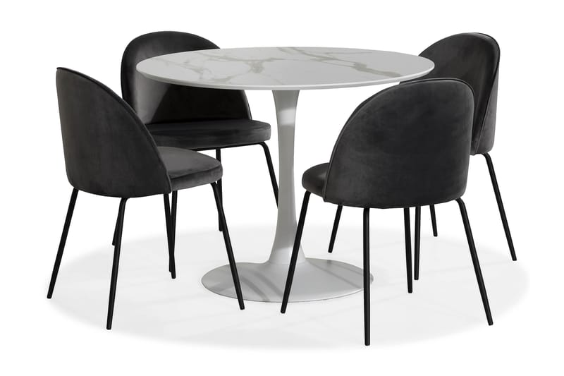 Caitly Spisebordsæt 100 cm Rund med 4 Felipe Stol Velour - Hvid/Grå/Sort - Møbler - Borde - Spisebordssæt