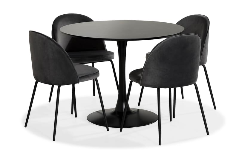 Caitly Spisebordssæt 100 cm Rund med 4 Felipe Stol Velour - Grå/Sort - Møbler - Borde - Spisebordssæt