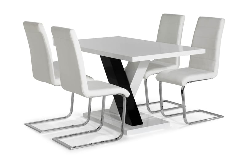 Cesi Spisebordssæt 140 cm med 4 Cibus Stole - Hvid/Sort/Sort PU/Krom - Møbler - Borde - Spisebordssæt