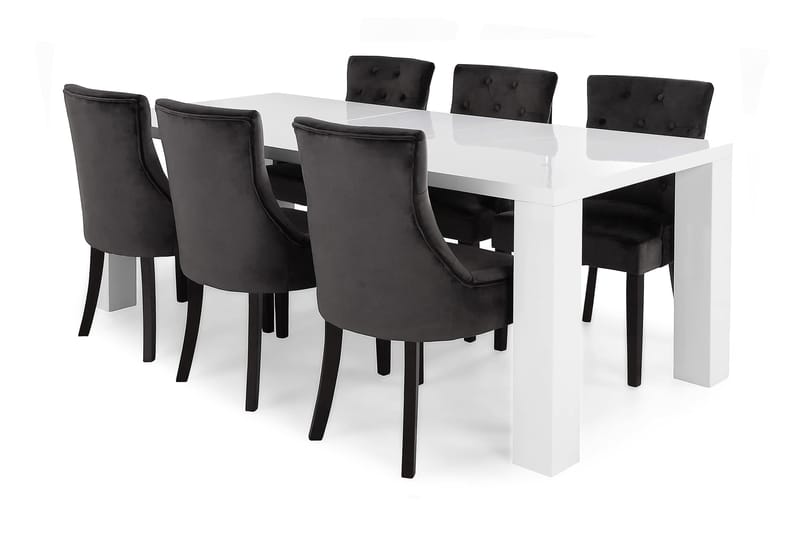 Cibus Spisebordssæt med 6 Viktoria Lænestole - Hvid/Grå Velour - Møbler - Borde - Spisebordssæt