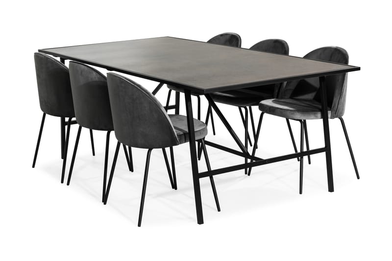 Dipali Spisebordssæt med 6 Felipe Stole Velour - Grå/Sort - Møbler - Borde - Spisebordssæt