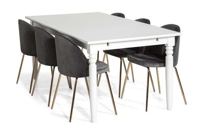 Hampton Spisebordssæt 190 med 6 Felipe Stol Velour - Hvid/Grå/Messingben - Møbler - Borde - Spisebordssæt