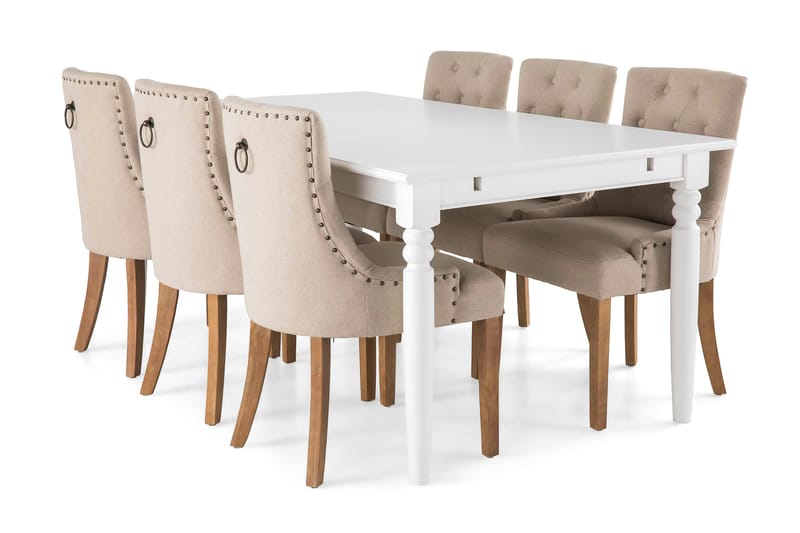 Hampton Spisebordssæt 190cm m. 6 Viktoria Stole - Hvid/Beige/Vintage - Møbler - Borde - Spisebordssæt