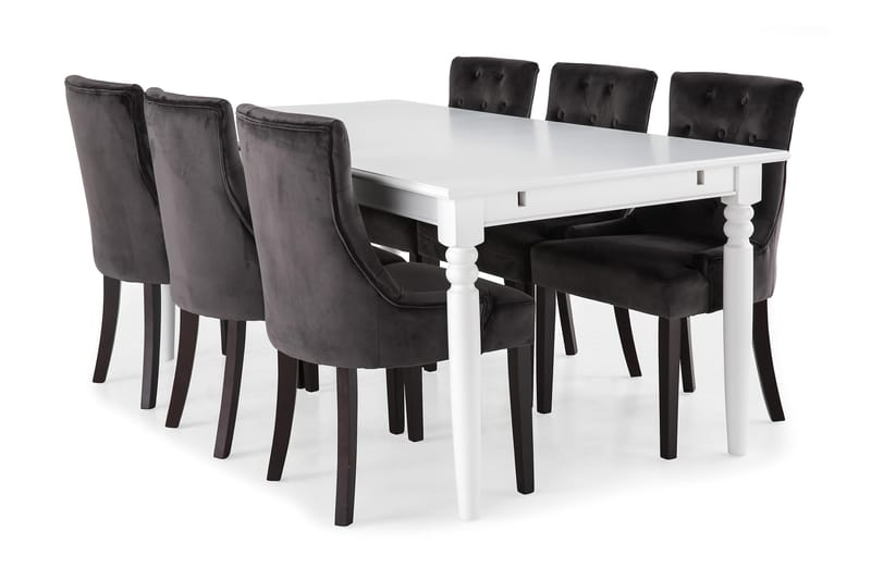 Hampton Spisebordssæt 190cm m. 6 Viktoria Stole - Hvid/Mørkegrå Velour - Møbler - Borde - Spisebordssæt