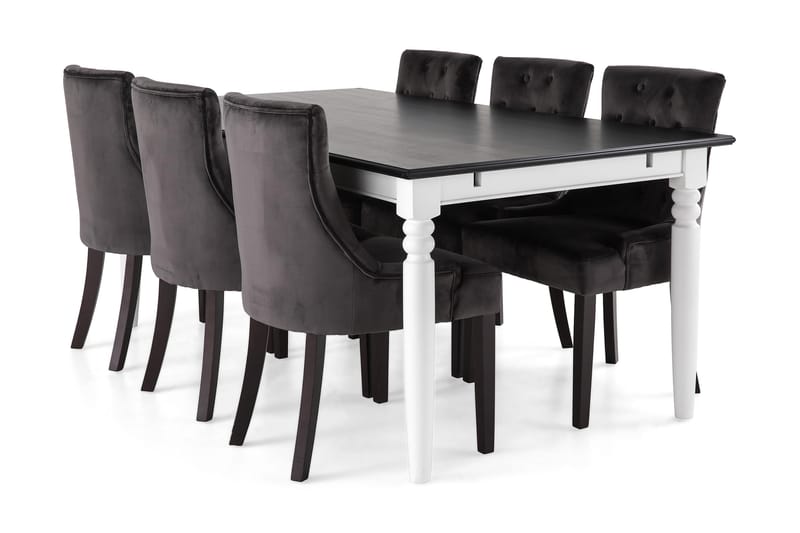 Hampton Spisebordssæt 190cm Mahognifinér m. 6 Viktoria Stole - Hvid/Sort/Mørkegrå Velour - Møbler - Borde - Spisebordssæt