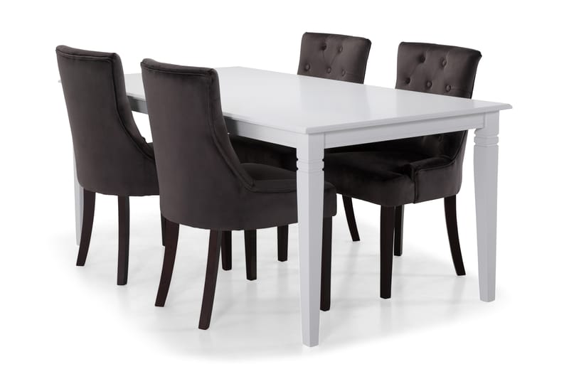 Hartford Spisebord med 6 stk Viktoria Lænestol - Hvid/Mørkegrå/Velour - Møbler - Borde - Spisebordssæt
