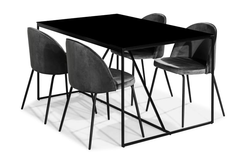 Indy Spisebordssæt med 4 Felipe Stol Velour - Sort/Grå - Møbler - Borde - Spisebordssæt