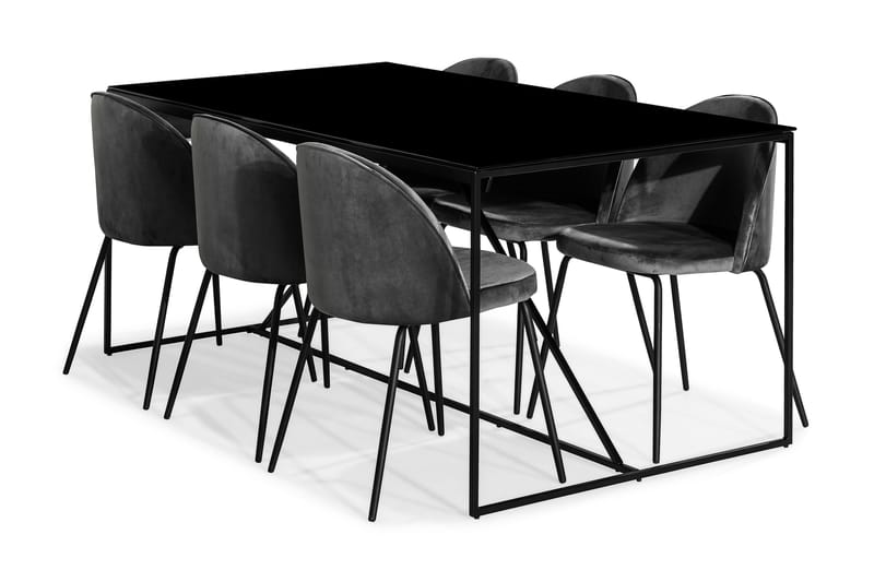 Indy Spisebordssæt med 6 Felipe Stol Velour - Glas/Metal/Grå/Sort - Møbler - Senge - Kontinentalsenge