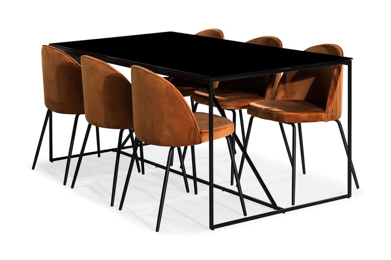 Indy Spisebordssæt med 6 Felipe Stole Velour - Glas/Metal/Orange/Sort - Møbler - Borde - Spisebordssæt