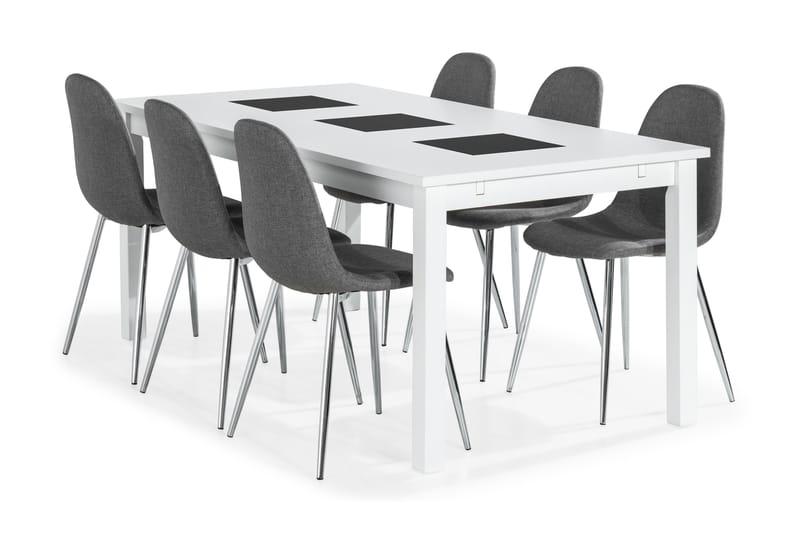 Jasmin Spisebordssæt med 6 Nibe Stole - Hvid/Grå/Krom - Møbler - Borde - Spisebordssæt