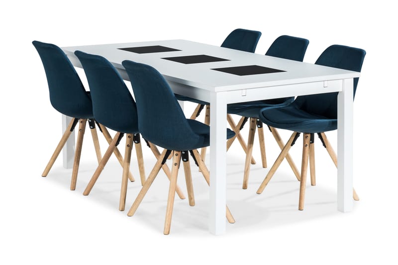 Jasmin Spisebordssæt med 6 stk Forum Stole - Hvid/Blå - Møbler - Borde - Spisebordssæt