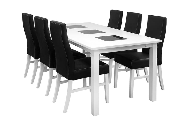 Jasmin Spisebordssæt med 6 stk Mazzi Stole - Hvid/Sort PU - Møbler - Borde - Spisebordssæt