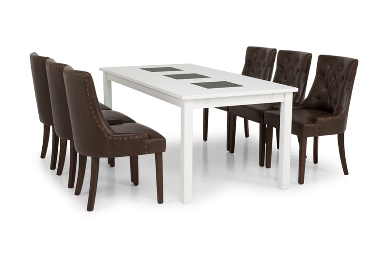 Jasmin Spisebordssæt med 6 stk Tuva Stole - Hvid/Brun Vintage - Møbler - Borde - Spisebordssæt