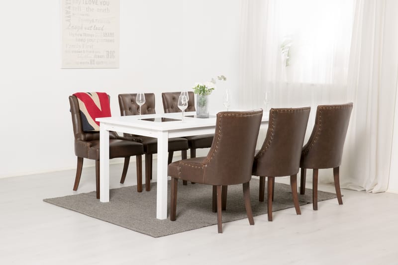 Jasmin Spisebordssæt med 6 stk Tuva Stole - Hvid/Brun Vintage - Møbler - Borde - Spisebordssæt