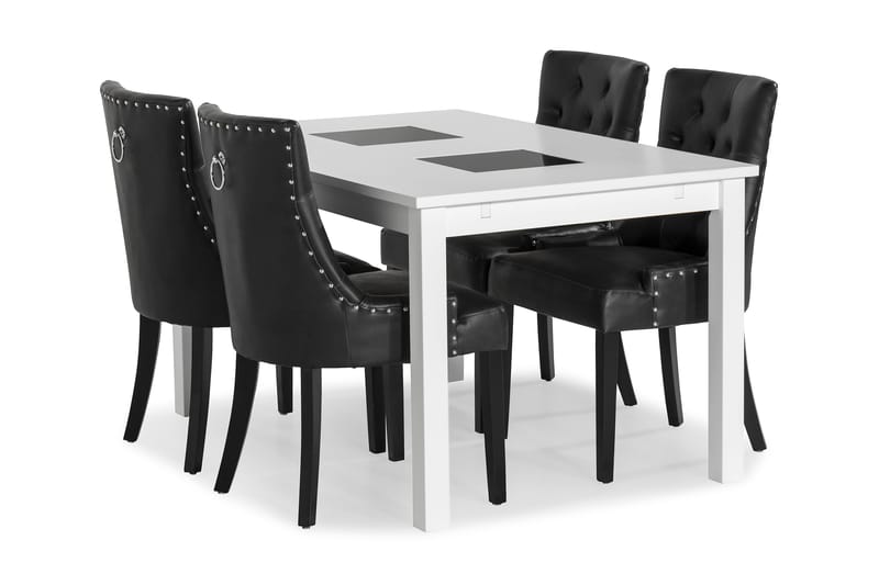 Jasmin Udvideligt Spisebordssæt 140 cm med 4 Tuva Stole - Hvid/Sort PU/Sort - Møbler - Borde - Spisebordssæt