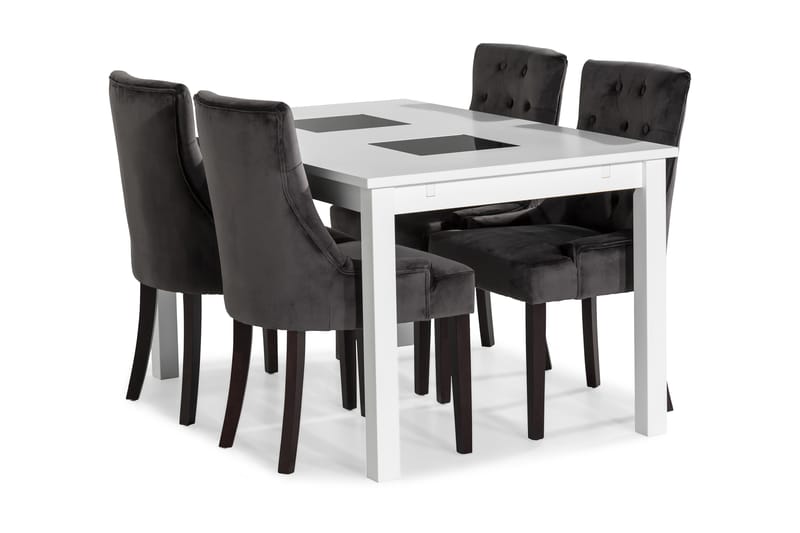 Jasmin Udvideligt Spisebordssæt 140 cm med 4 Viktoria Stole - Hvid/Grå/Sort - Møbler - Borde - Spisebordssæt