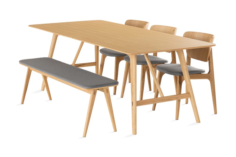 Jerup Spisebord 220 cm inkl 4 Stole + Bænk - Natur/Grå - Møbler - Borde - Spisebordssæt