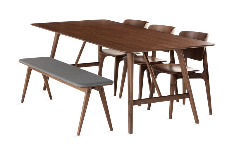 Jerup Spisebord 220 cm inkl 4 Stole + Bænk - Valnød/Brun/Grå - Møbler - Borde - Spisebordssæt