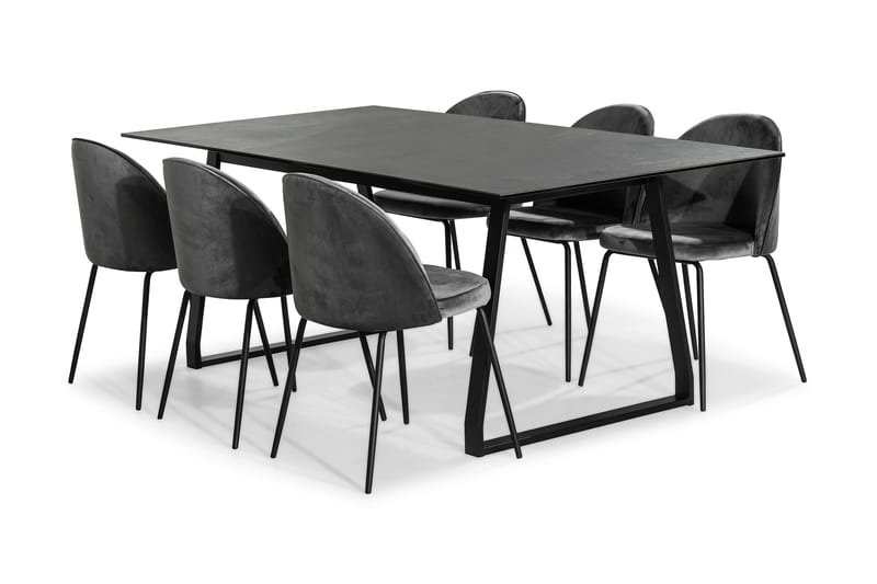 Kaj Spisebordssæt 200 cm med 6 Felipe Stole Velour - Sort/Grå/Sort - Møbler - Borde - Spisebordssæt