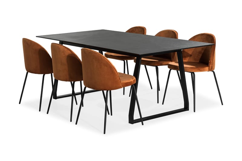 Kaj Spisebordssæt 200 cm med 6 Felipe Stole Velour - Sort/Orange/Sort - Møbler - Borde - Spisebordssæt