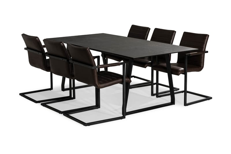 Kaj Spisebordssæt 200 cm med 6 House Stole Vintage - Sort/Mørkebrun PU - Møbler - Borde - Spisebordssæt