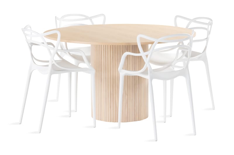Kopparbo Spisebordssæt 130 cm Rund inkl 4 Daye Stole - Beige / hvid - Møbler - Borde - Spisebord og køkkenbord