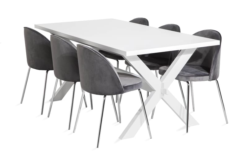 Linnea Spisebordssæt 180 med 6 Felipe Stol Velour - Hvid/Grå/Forkromede Ben - Møbler - Borde - Spisebordssæt