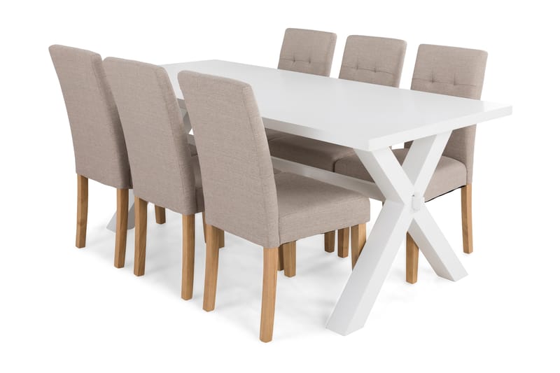 Linnea Spisebordssæt med 6 Viktor Stole - Hvid/Beige/Eg - Møbler - Borde - Spisebordssæt