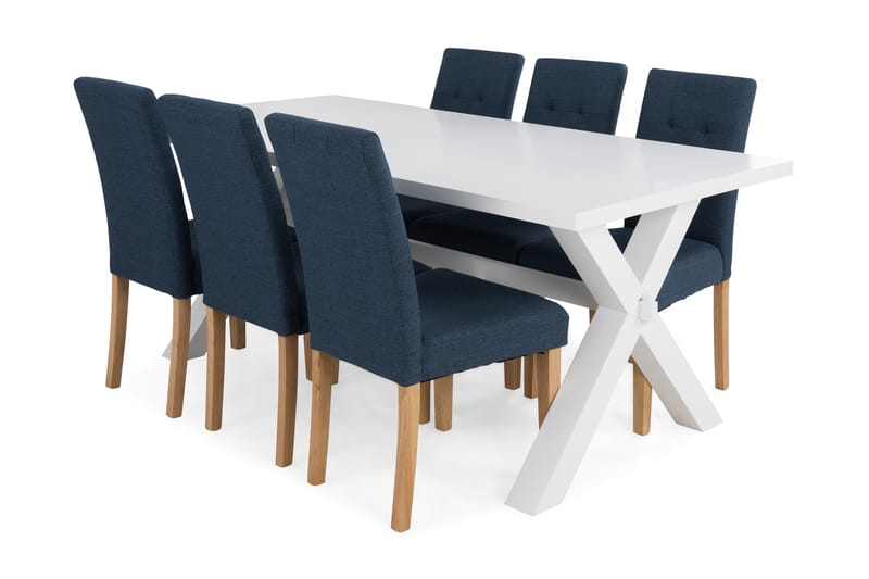 Linnea Spisebordssæt med 6 Viktor Stole - Hvid/Blå/Eg - Møbler - Borde - Spisebordssæt