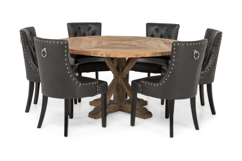 Lyon Spisebordssæt Ø150 cm Rund med 6 stk Tuva Stole - Vintage Elmetræ/Sort - Møbler - Borde - Spisebord og køkkenbord