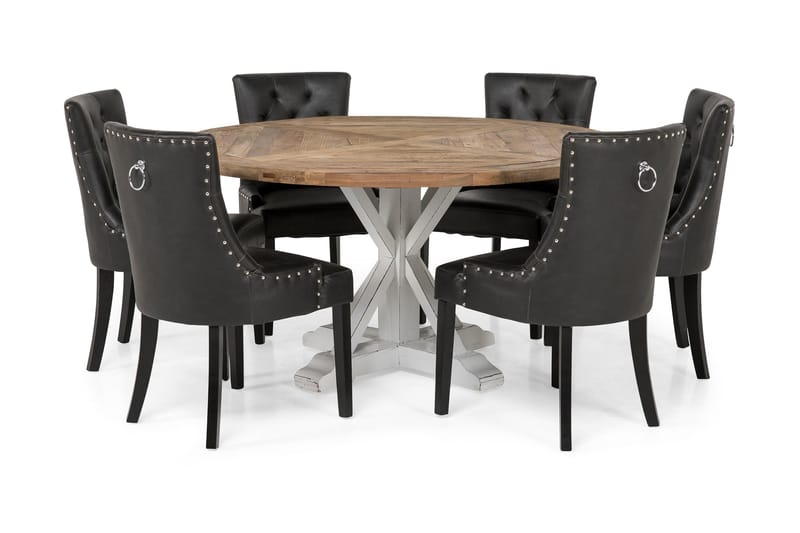 Lyon Spisebordssæt Ø150 cm Rund med 6 stk Tuva Stole - Vintage Natur/Hvid/Sort - Møbler - Borde - Spisebord og køkkenbord