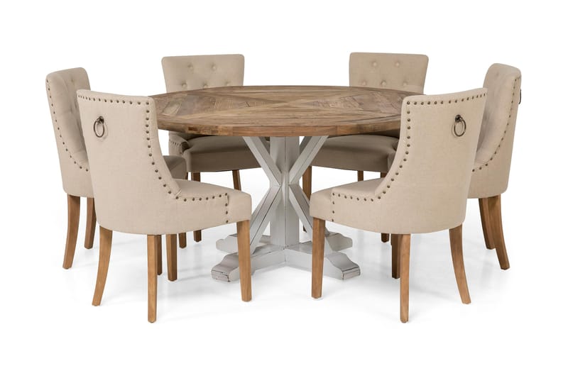 Lyon Spisebordssæt Ø150 cm Rund med 6 stk Viktoria Stole - Vintage Natur/Hvid/Beige - Havemøbler - Udendørsgruppe - Havesæt