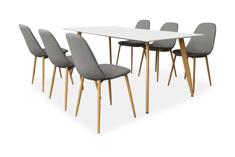 Pontus Spisebordssæt 180 cm med 6 Stole - Hvid/Eg/Lysgrå - Møbler - Borde - Spisebordssæt